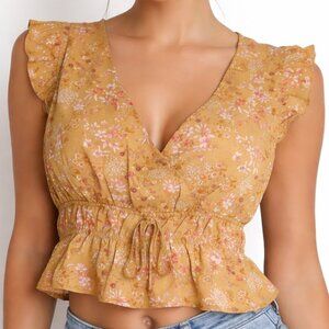 Pink Rose Floral Boho Top L Mustard Ruffle Peplum V Neck Polyester Summer Chic